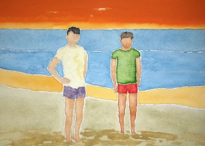 Beach Dudes ~ Watercolor by John Klobucher